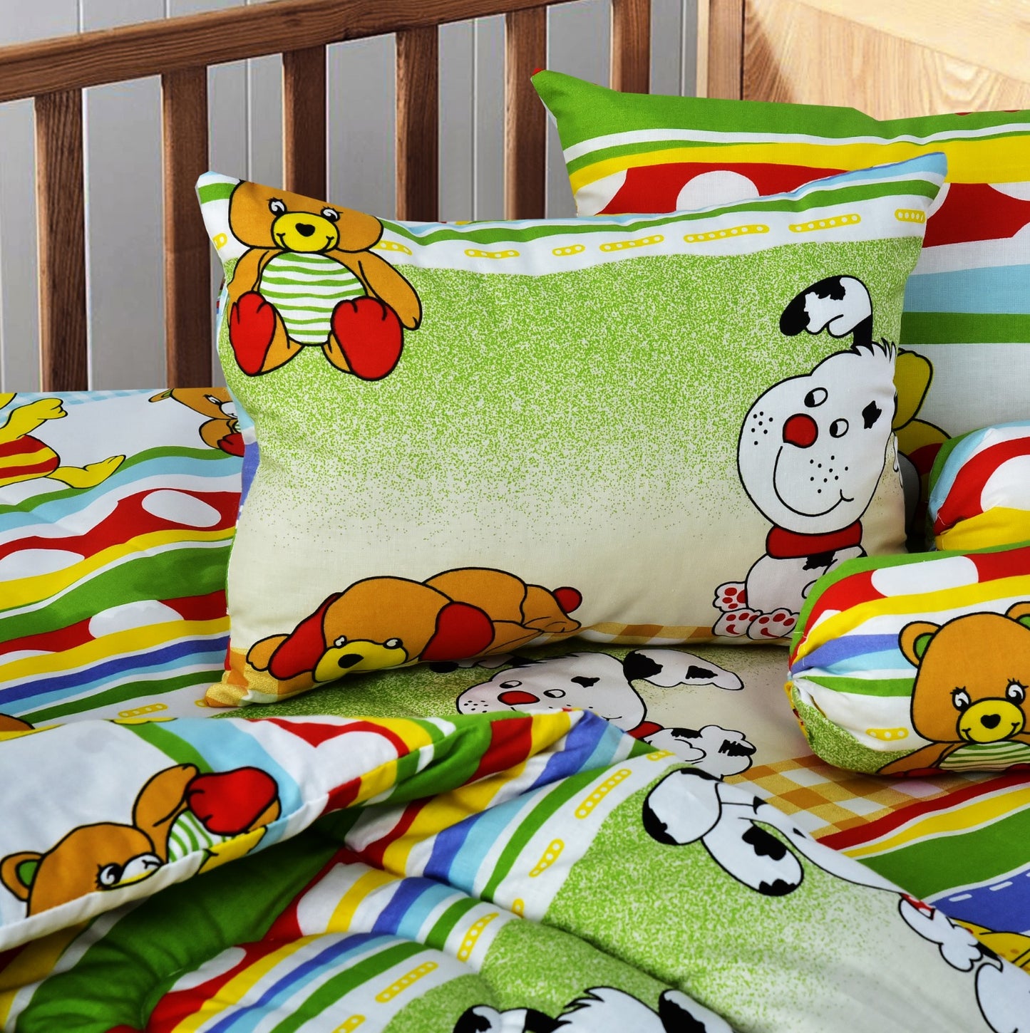 7 PCs Baby Cot Set With Waterproof Sheet- Teddy Bears Apricot