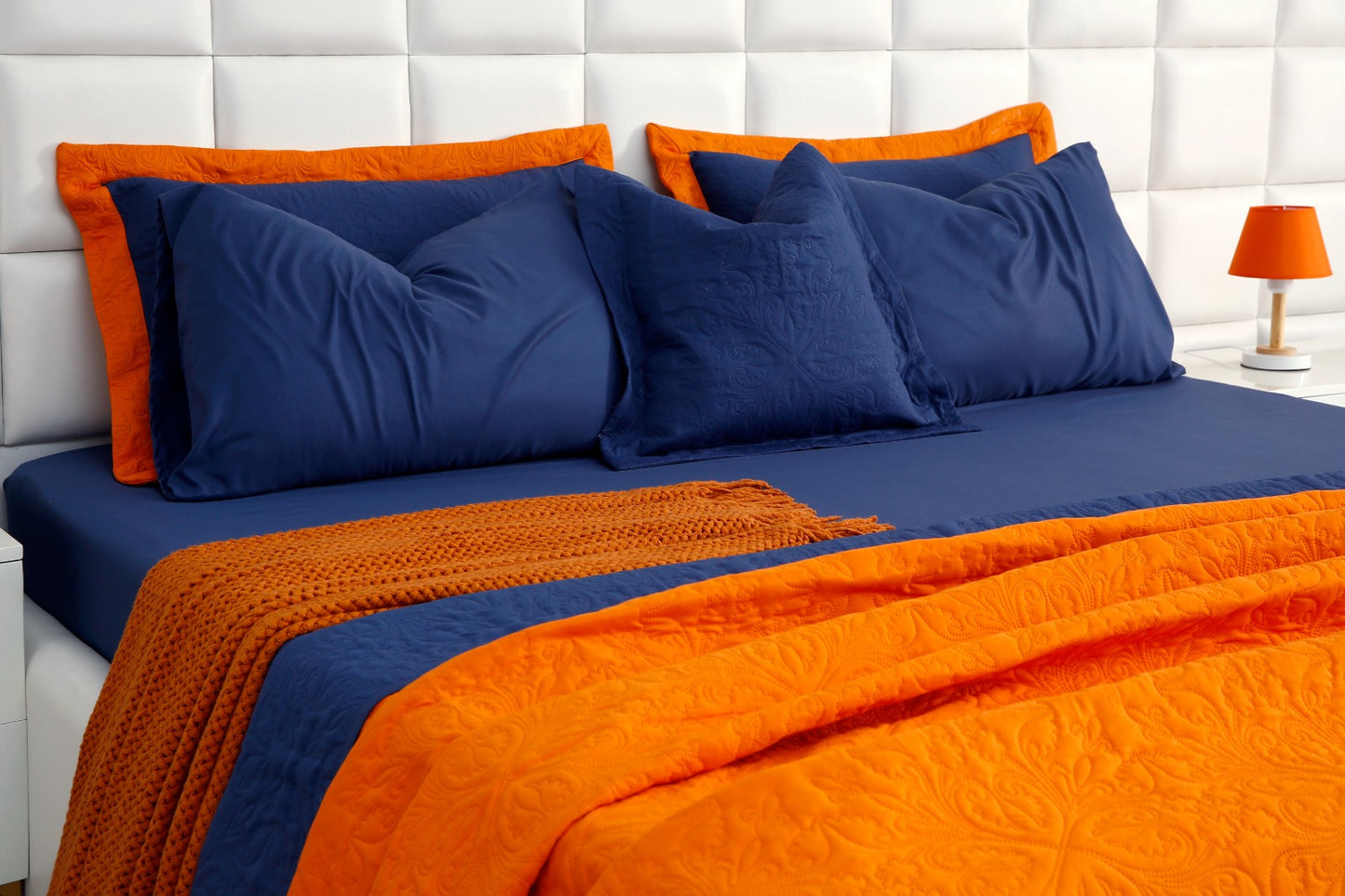 7 PCs Ultrasonic Bed Spread Set-Navy Blue over Orange Bed Spread Apricot