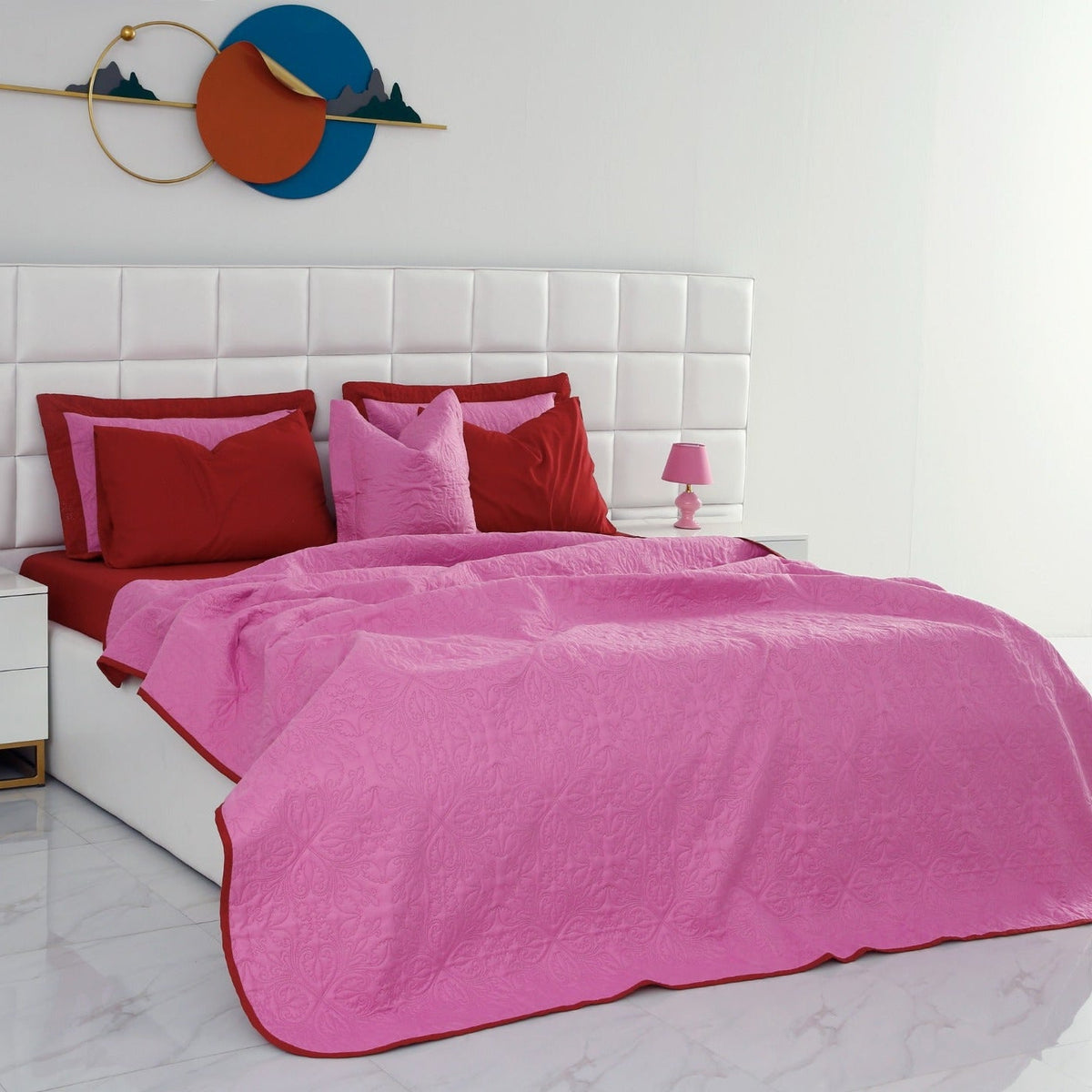 7 PCs Ultrasonic Bed Spread Set-Red over Lilac Bed Spread Apricot
