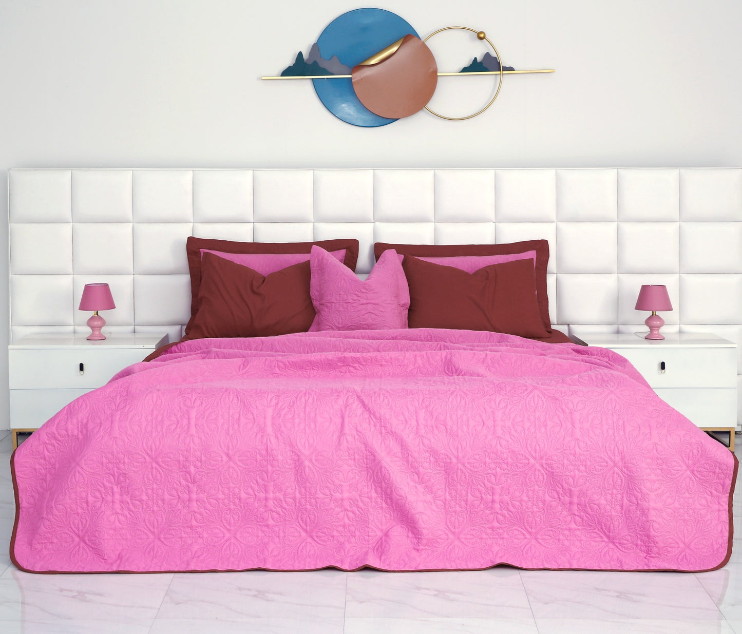 7 PCs Ultrasonic Bed Spread Set-Red over Lilac Bed Spread Apricot