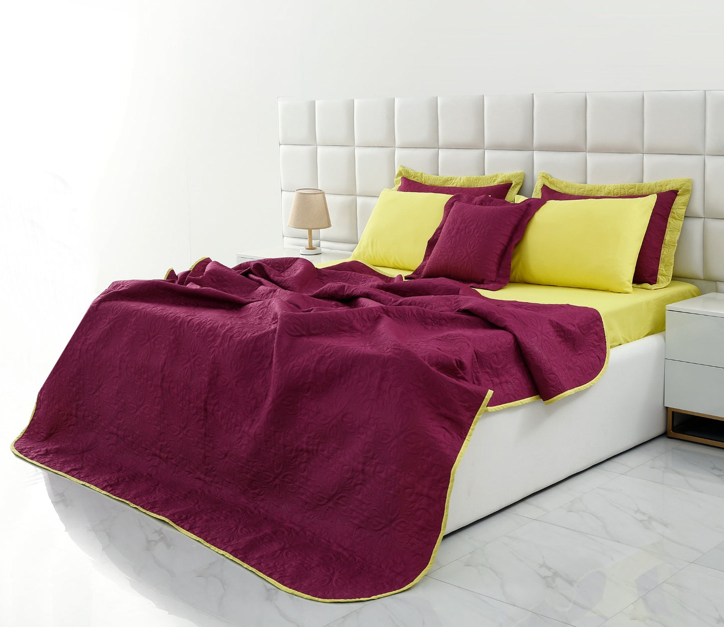 7 PCs Ultrasonic Bed Spread Set-Yellow Over Plum Bed Spread Apricot