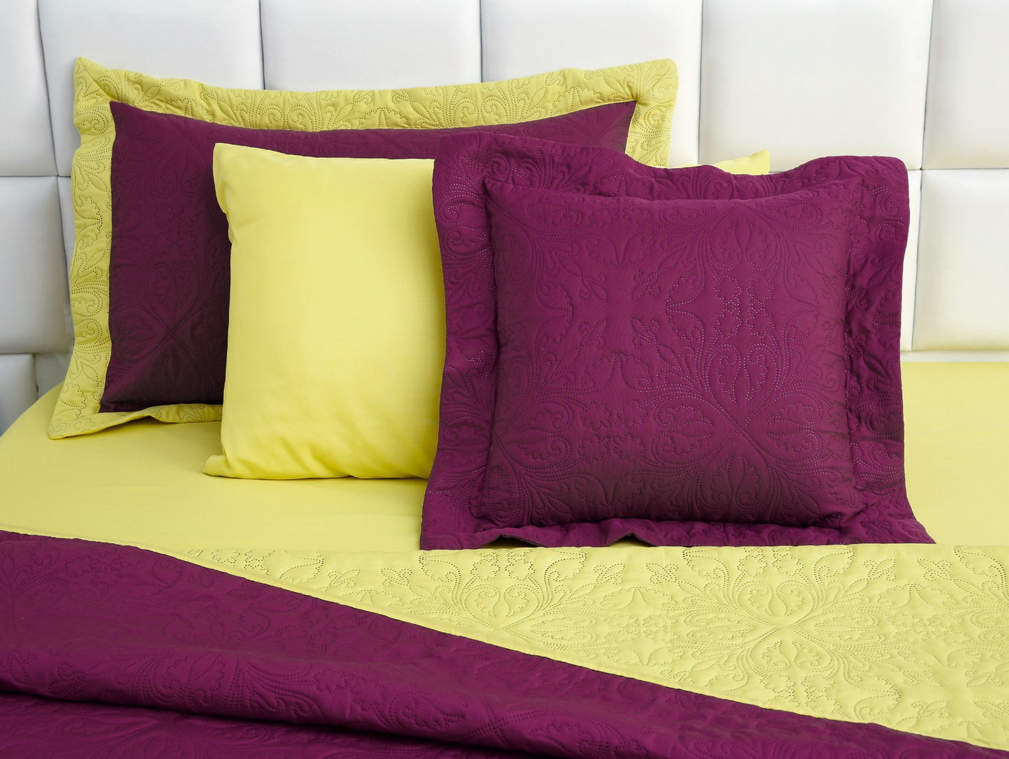 7 PCs Ultrasonic Bed Spread Set-Yellow Over Plum Bed Spread Apricot