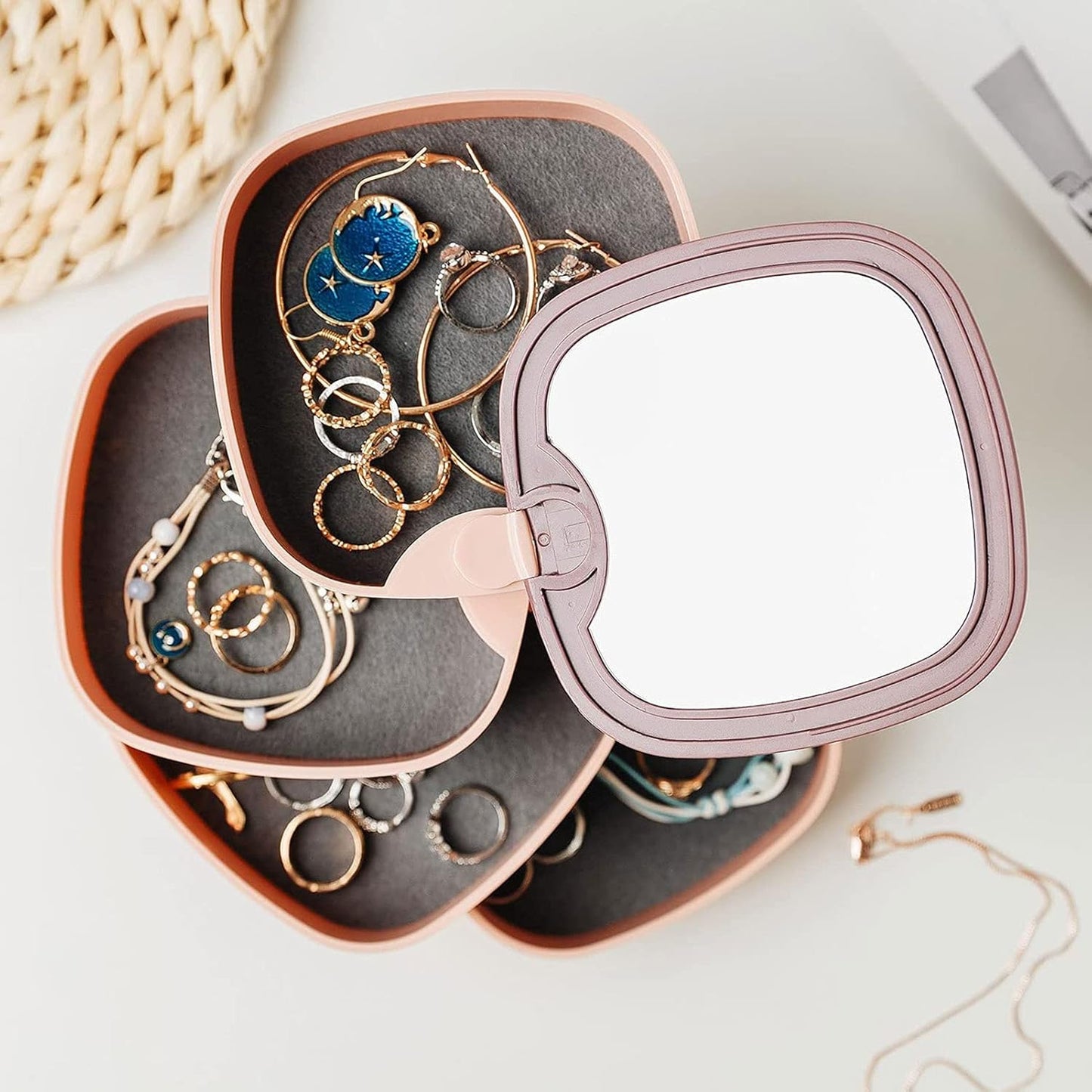 360° Rotatable Jewelry Organizer With Mirror-SA2408-190 Cosmetic Organizer Apricot