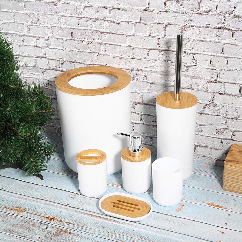 Wooden Lid PVC Bathroom Accessory Set-Plain White Bathroom Accessory Sets Apricot