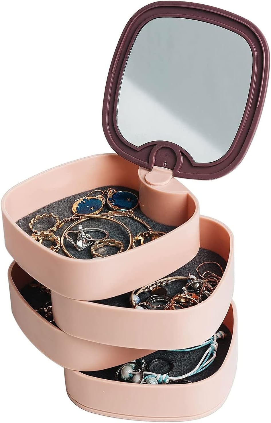 360° Rotatable Jewelry Organizer With Mirror-SA2408-190 Cosmetic Organizer Apricot