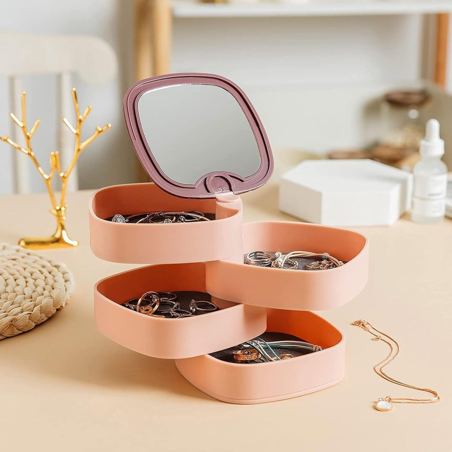 360° Rotatable Jewelry Organizer With Mirror-SA2408-190 Cosmetic Organizer Apricot
