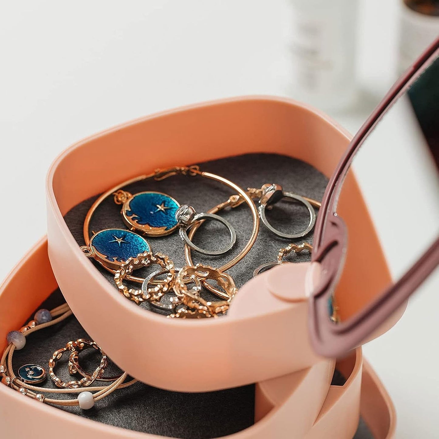 360° Rotatable Jewelry Organizer With Mirror-SA2408-190 Cosmetic Organizer Apricot