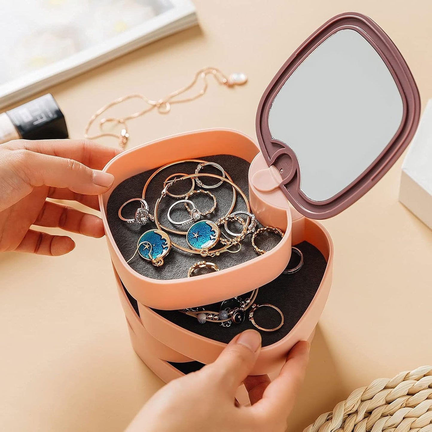 360° Rotatable Jewelry Organizer With Mirror-SA2408-190 Cosmetic Organizer Apricot