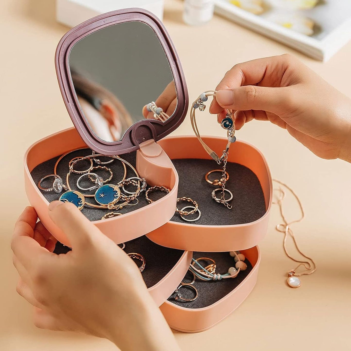 360° Rotatable Jewelry Organizer With Mirror-SA2408-190 Cosmetic Organizer Apricot