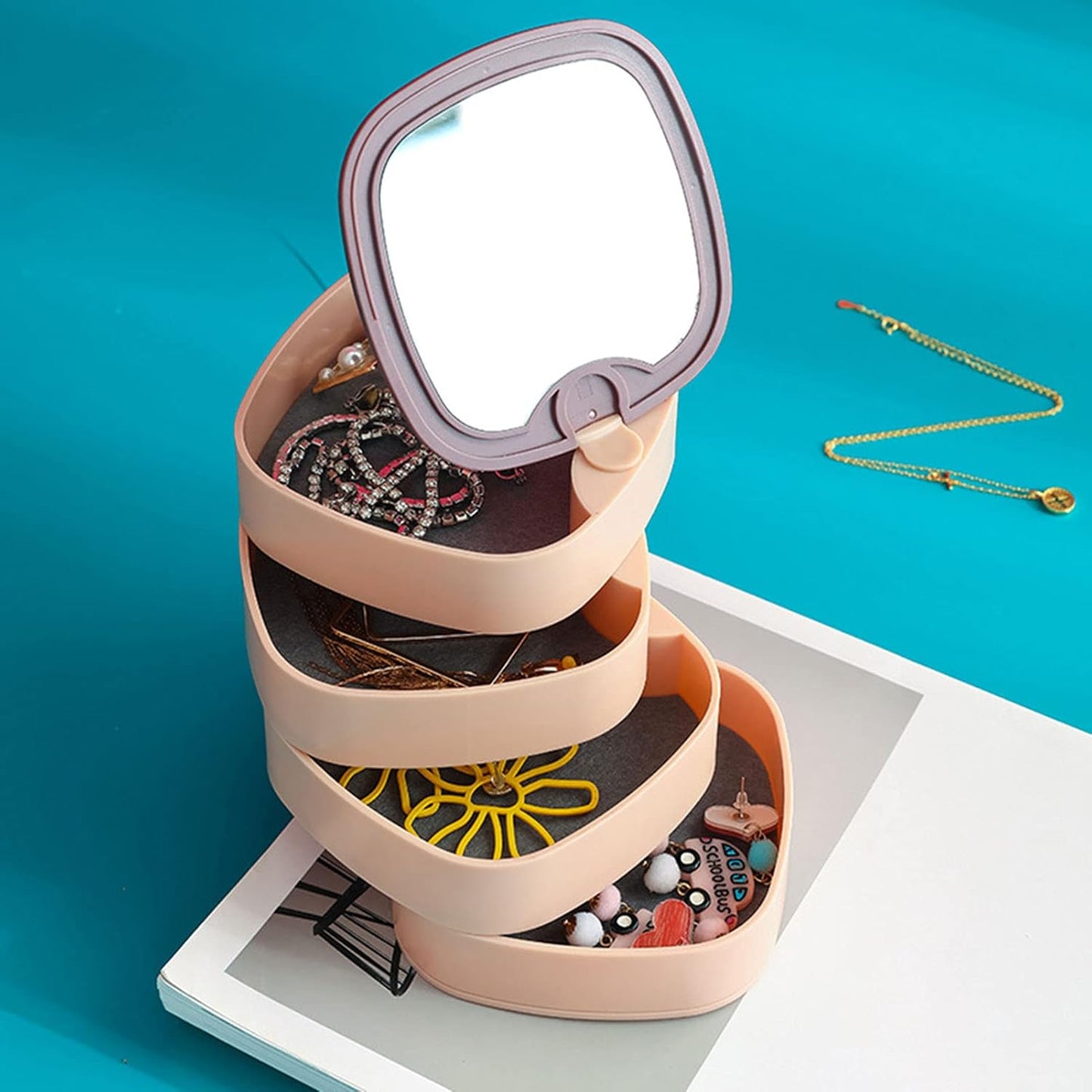 360° Rotatable Jewelry Organizer With Mirror-SA2408-190 Cosmetic Organizer Apricot