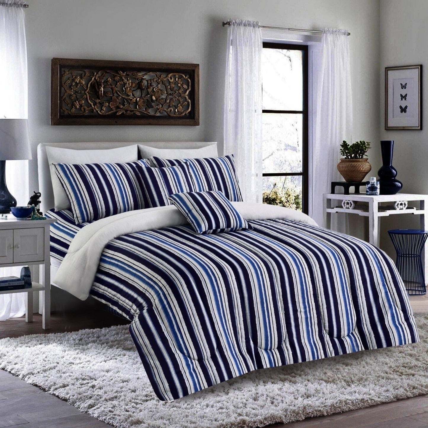 8 PCs Winter Comforter Set-Bold Stripes(Grey Reverse) Comforters Apricot