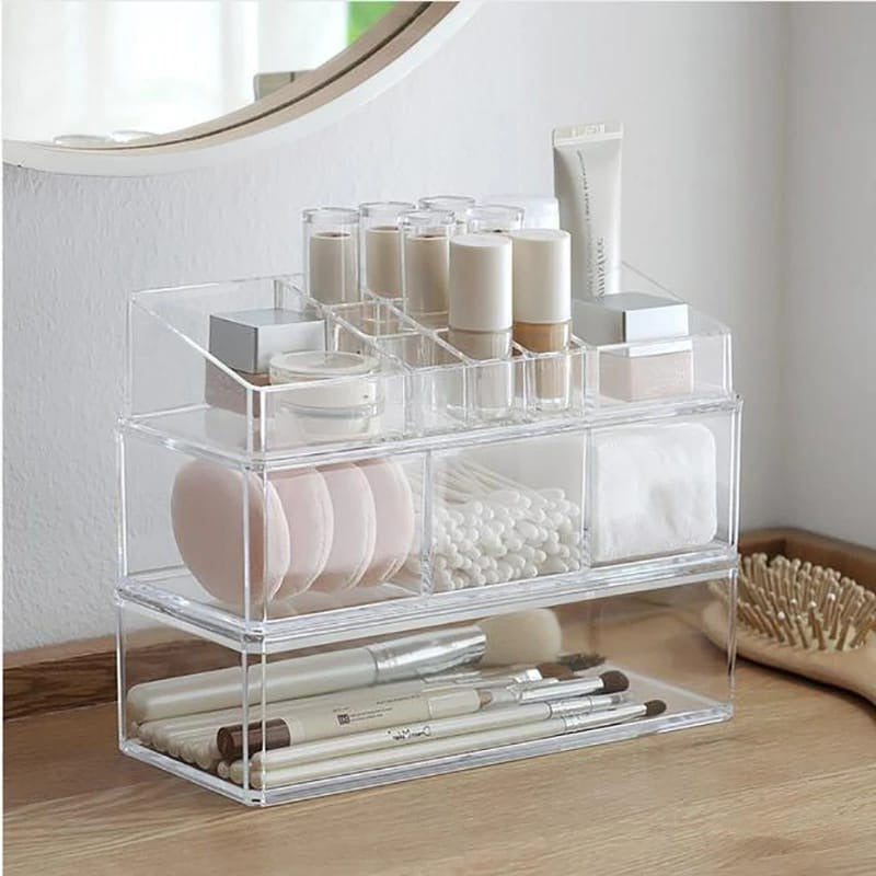 Acrylic 2 Drawer Makeup Organizer-(5350)Transparent Cosmetic Organizer Apricot
