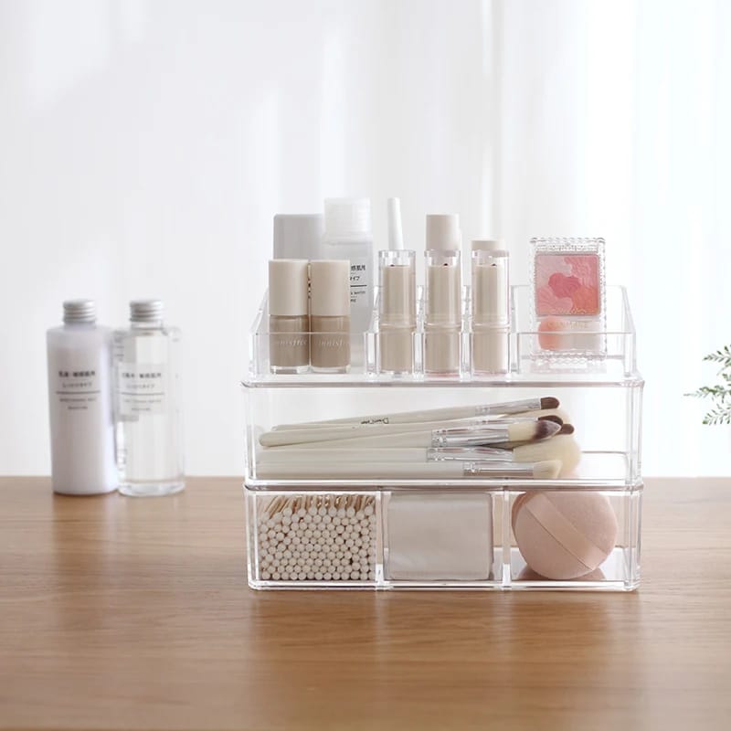 Acrylic 2 Drawer Makeup Organizer-(5350)Transparent Cosmetic Organizer Apricot