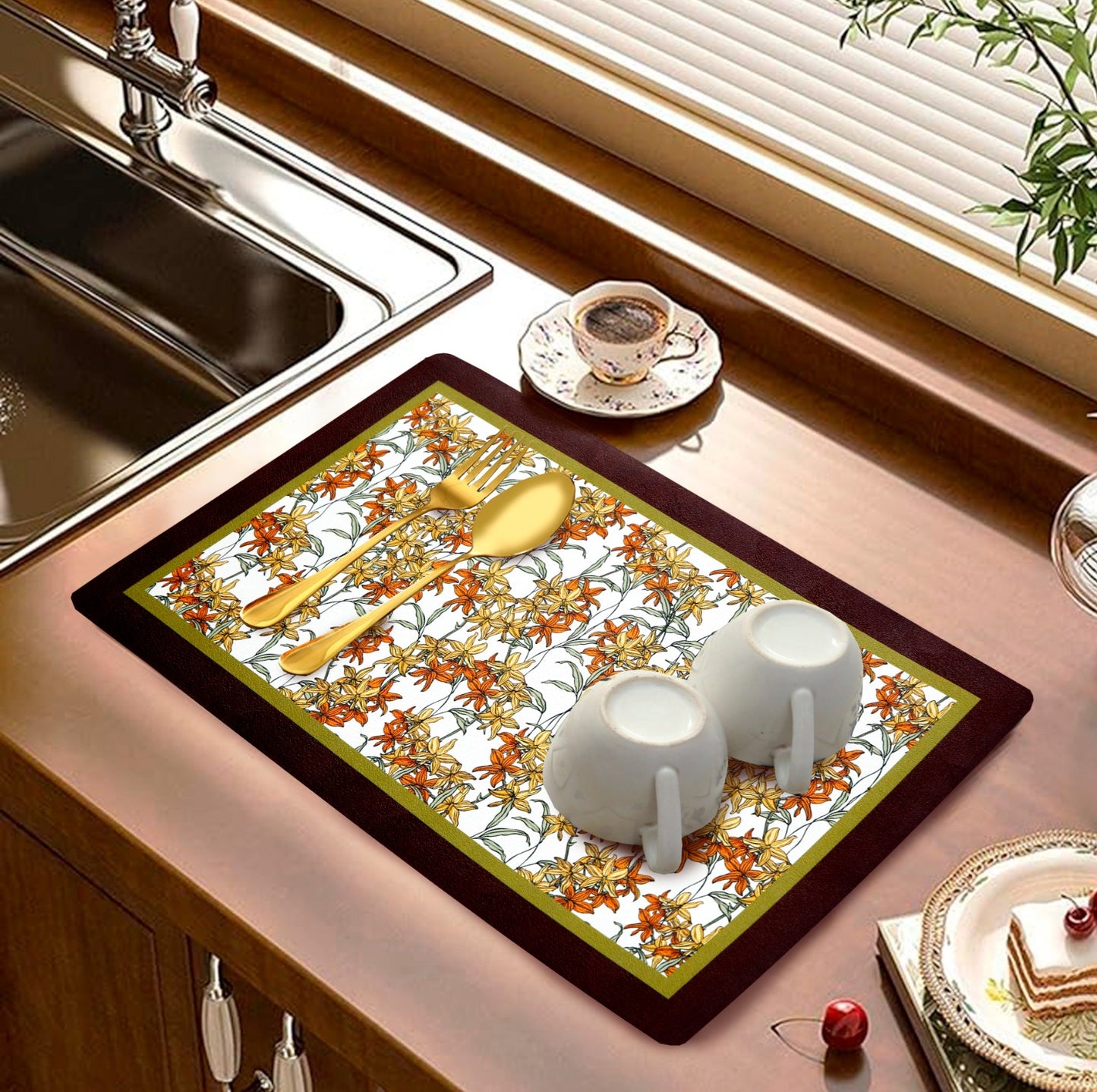 Anti Slip Dish Drying Mat-5760Ethnic Flower Rugs Apricot