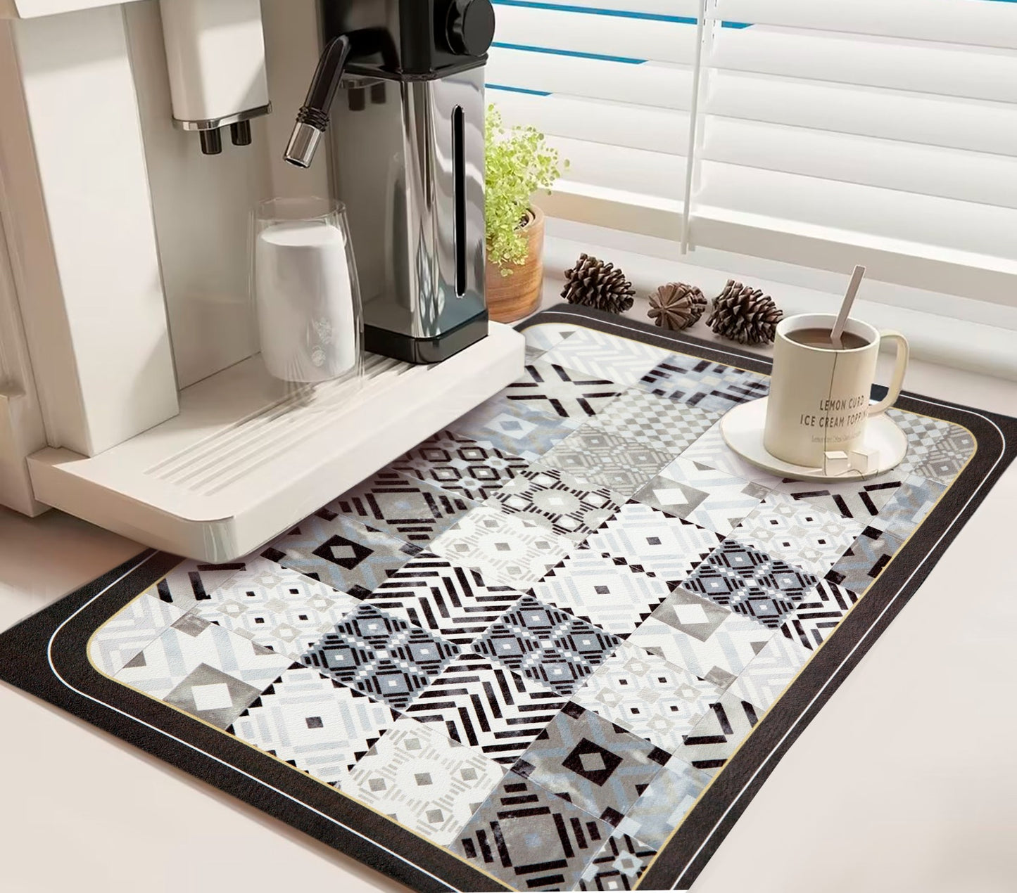 Anti Slip Dish Drying Mat-5950Grey Flower Rugs Apricot