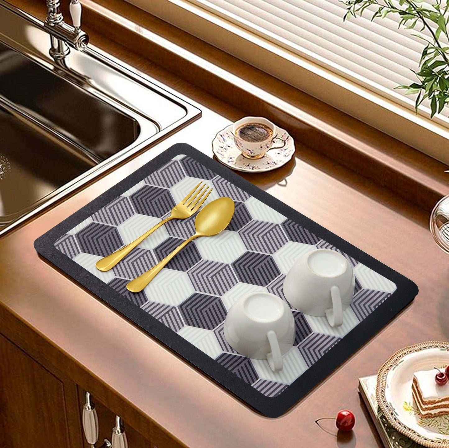 Anti Slip Dish Drying Mat- 5763 Hexagonal Rugs Apricot