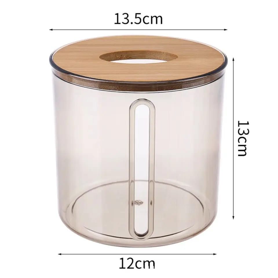 Bamboo Lid Toilet Paper Holder (5287)-Transparent Round Tissue Box Apricot