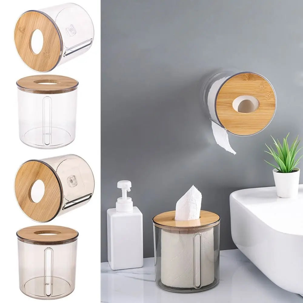 Bamboo Lid Toilet Paper Holder (5287)-Transparent Round Tissue Box Apricot