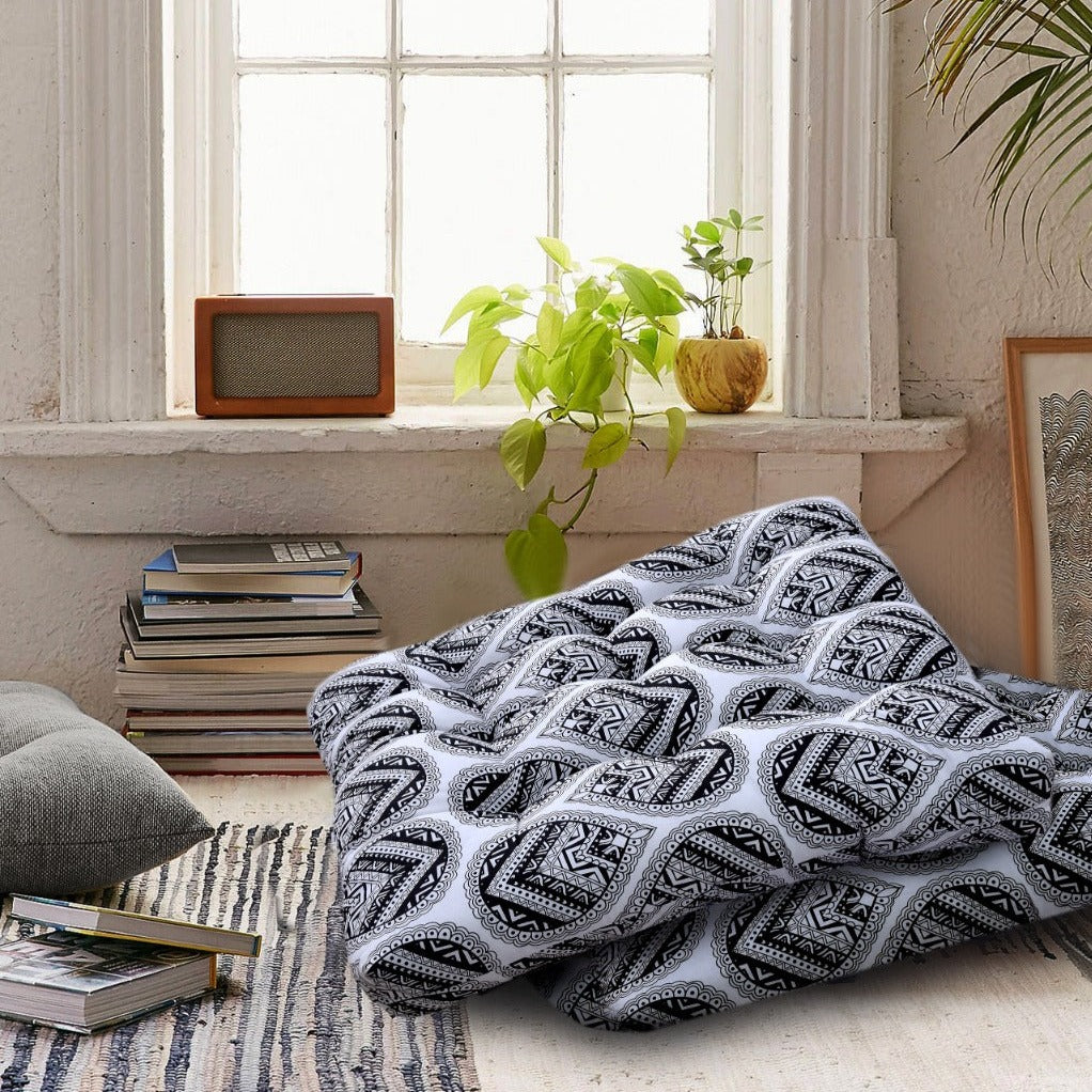 Digital Printed Square Floor Cushions- Black Abstract