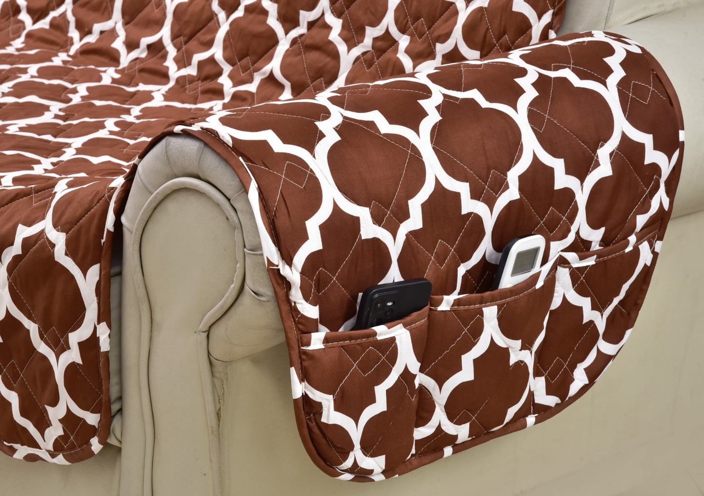 Sofa Cover-Brown Geometric With Pockets Sofa Cover Apricot