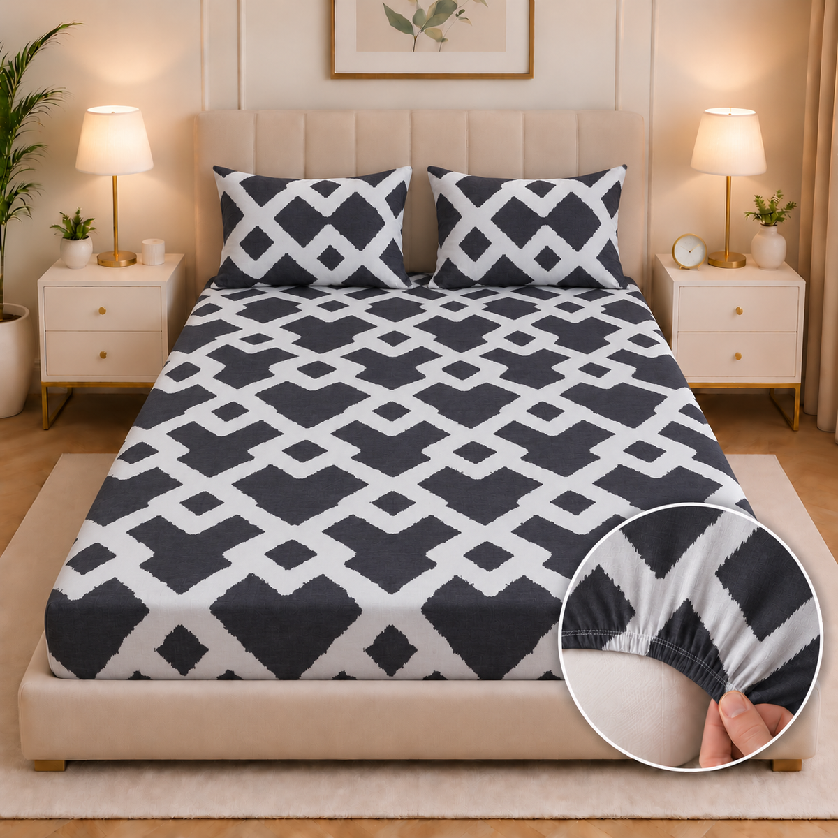 Fitted Bed Sheet-Geometric Patterned Fitted Sheets Apricot
