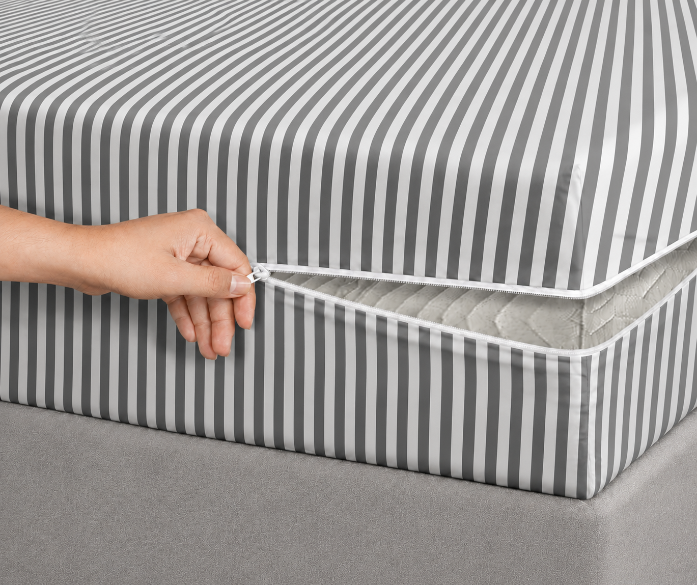 Zipper Mattress Cover Printed- Grey Stripes Protectors Apricot