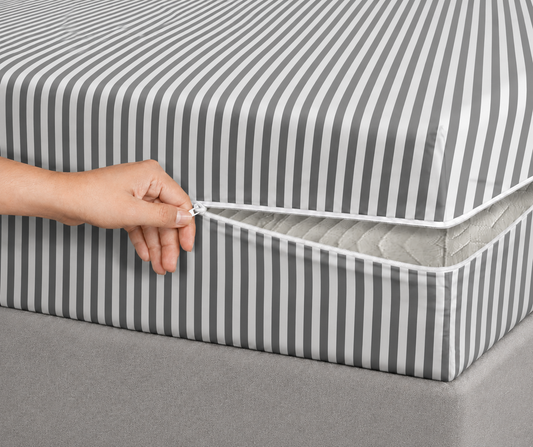 Zipper Mattress Cover Printed- Grey Stripes Protectors Apricot