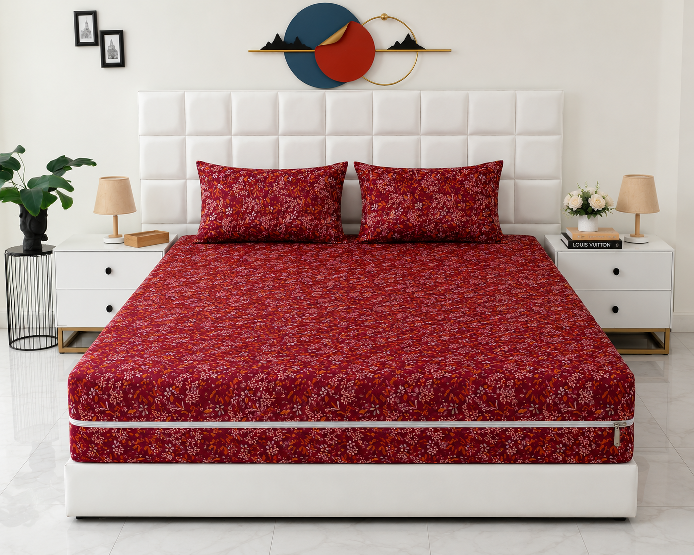 Zipper Mattress Cover Printed- ROYAL GARNET
