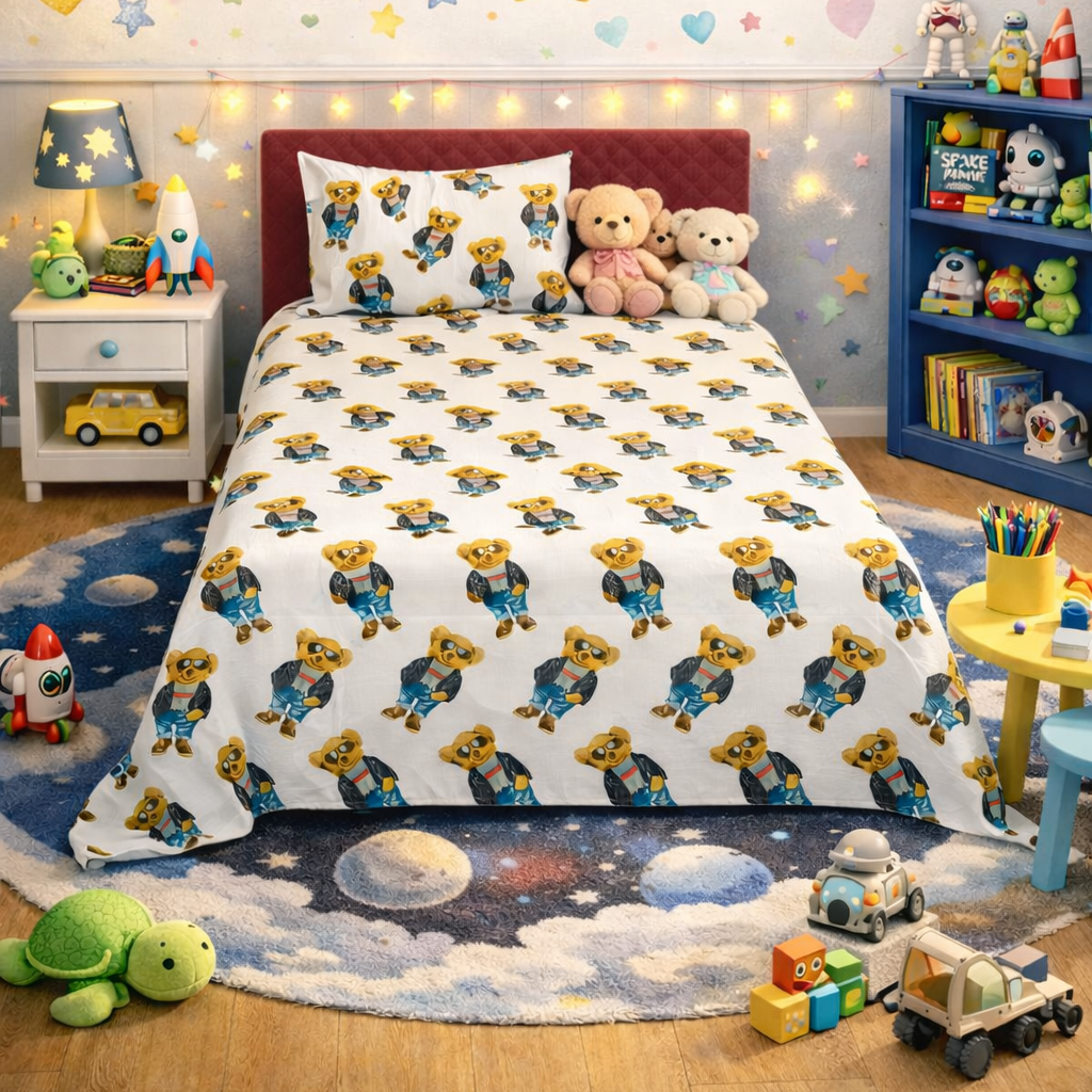 2Pcs Single Bed Sheet-Teddy Bear(Brown) single bed sheet Apricot