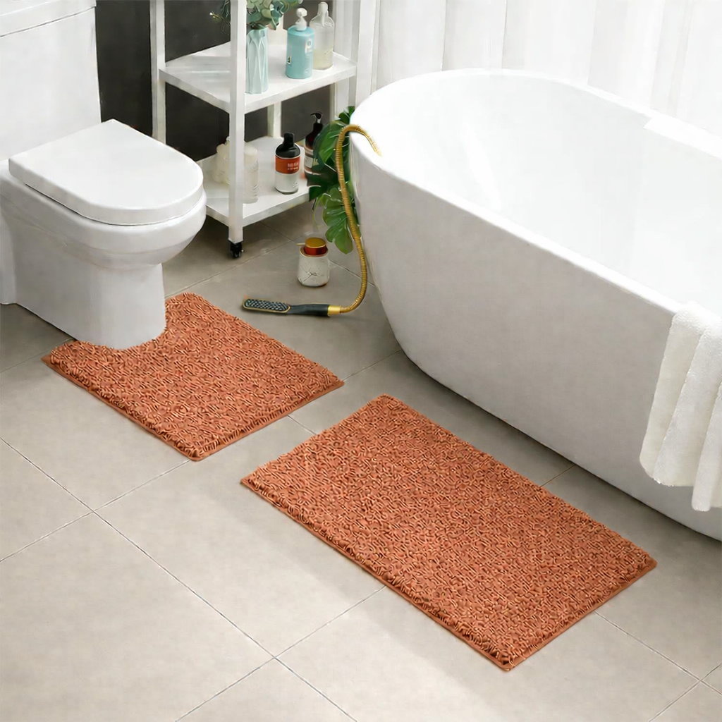 2 PCs Microfiber Anti Slip Commode Mat Set-Beige Bath Mats Apricot