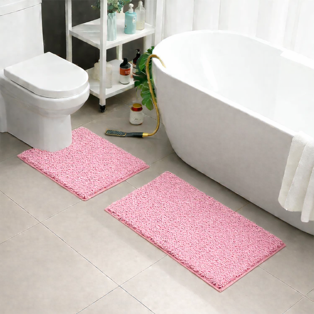 2 PCs Microfiber Anti Slip Commode Mat Set-Pink Bath Mats Apricot