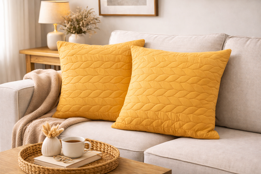 2 PCs Quilted Cushions-Mustard(Leaf) cushions Apricot