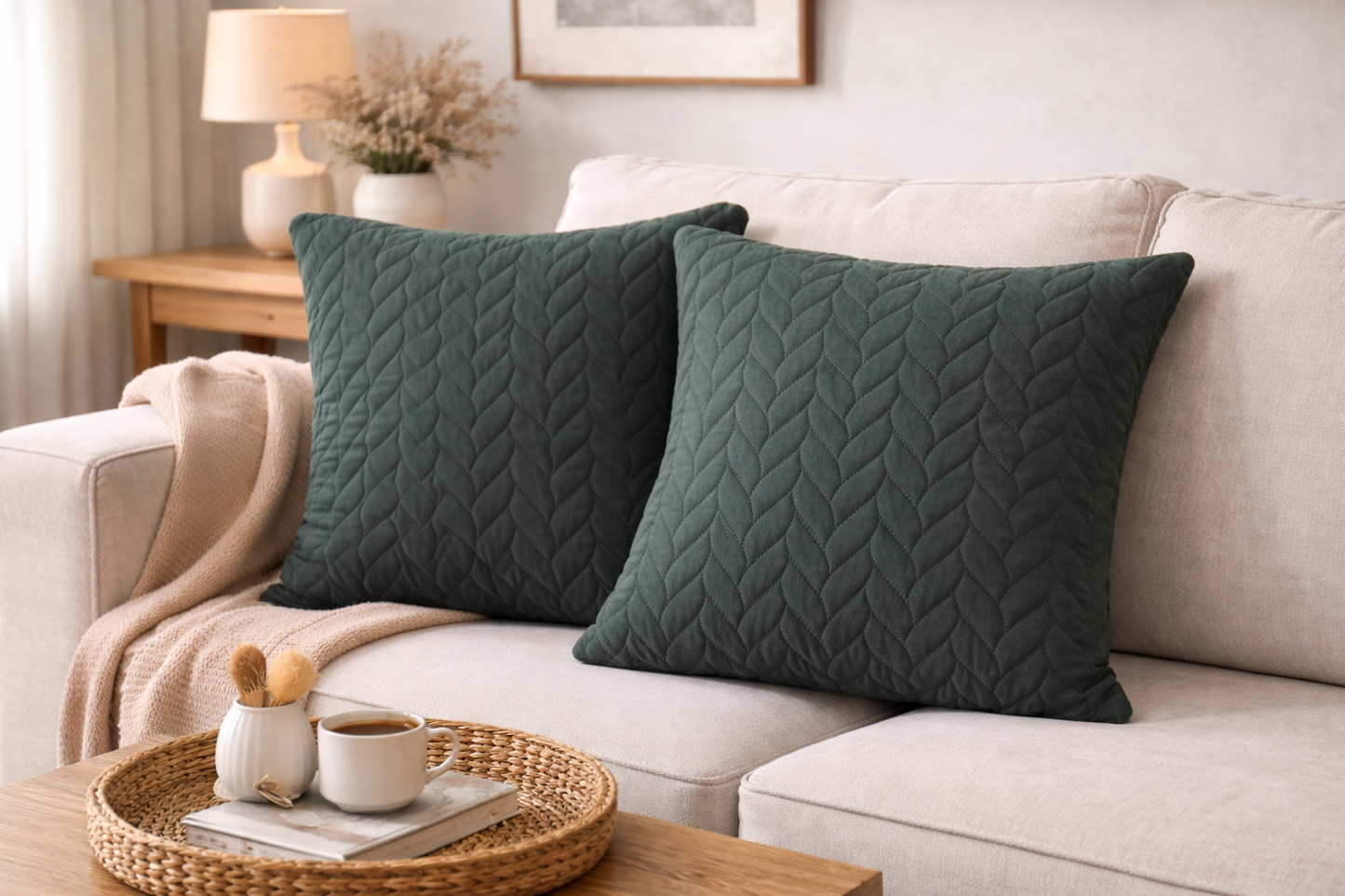 2 PCs Quilted Cushions-Grey(Leaf) cushions Apricot