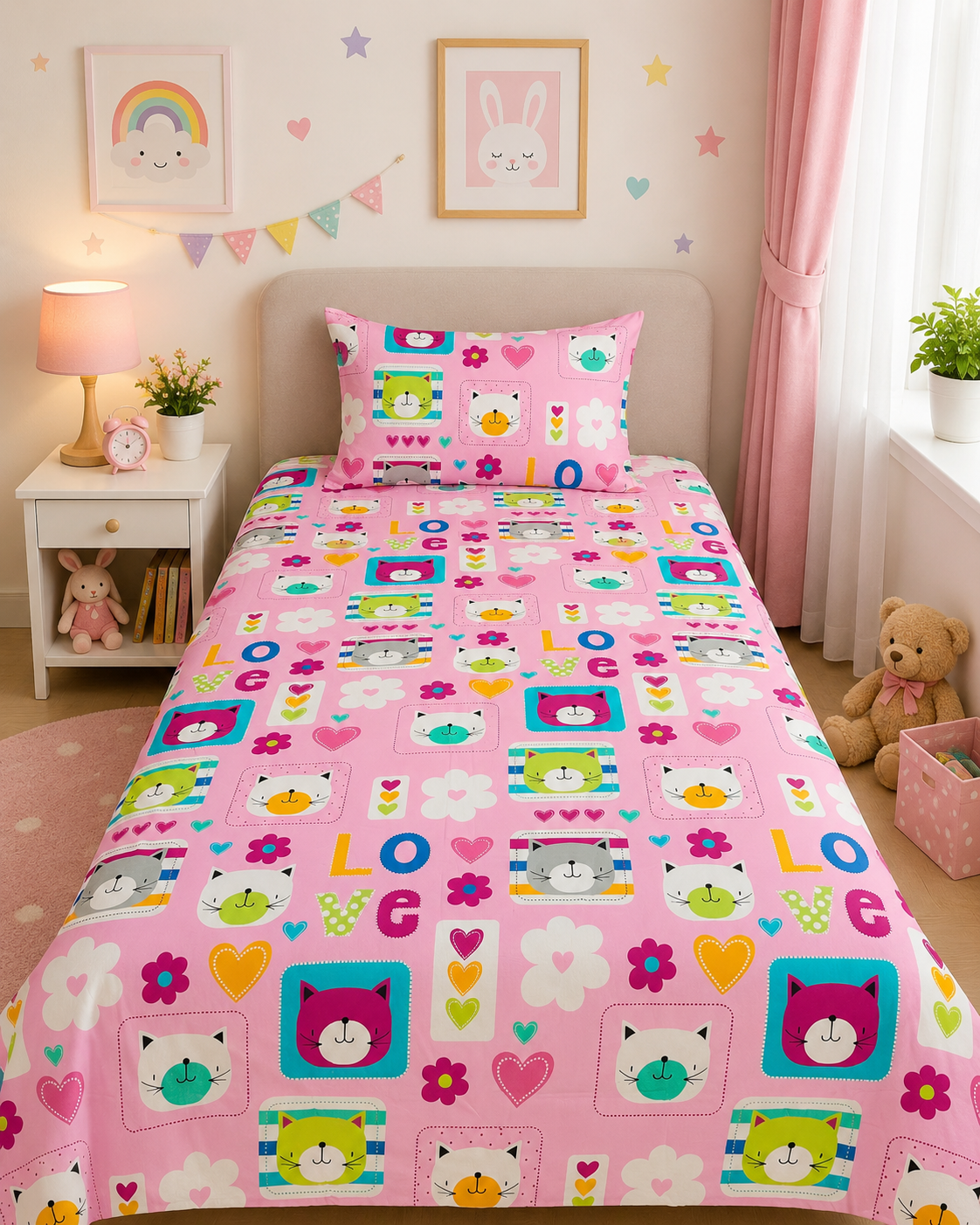 2Pcs Single Bed Sheet- Multi Heart