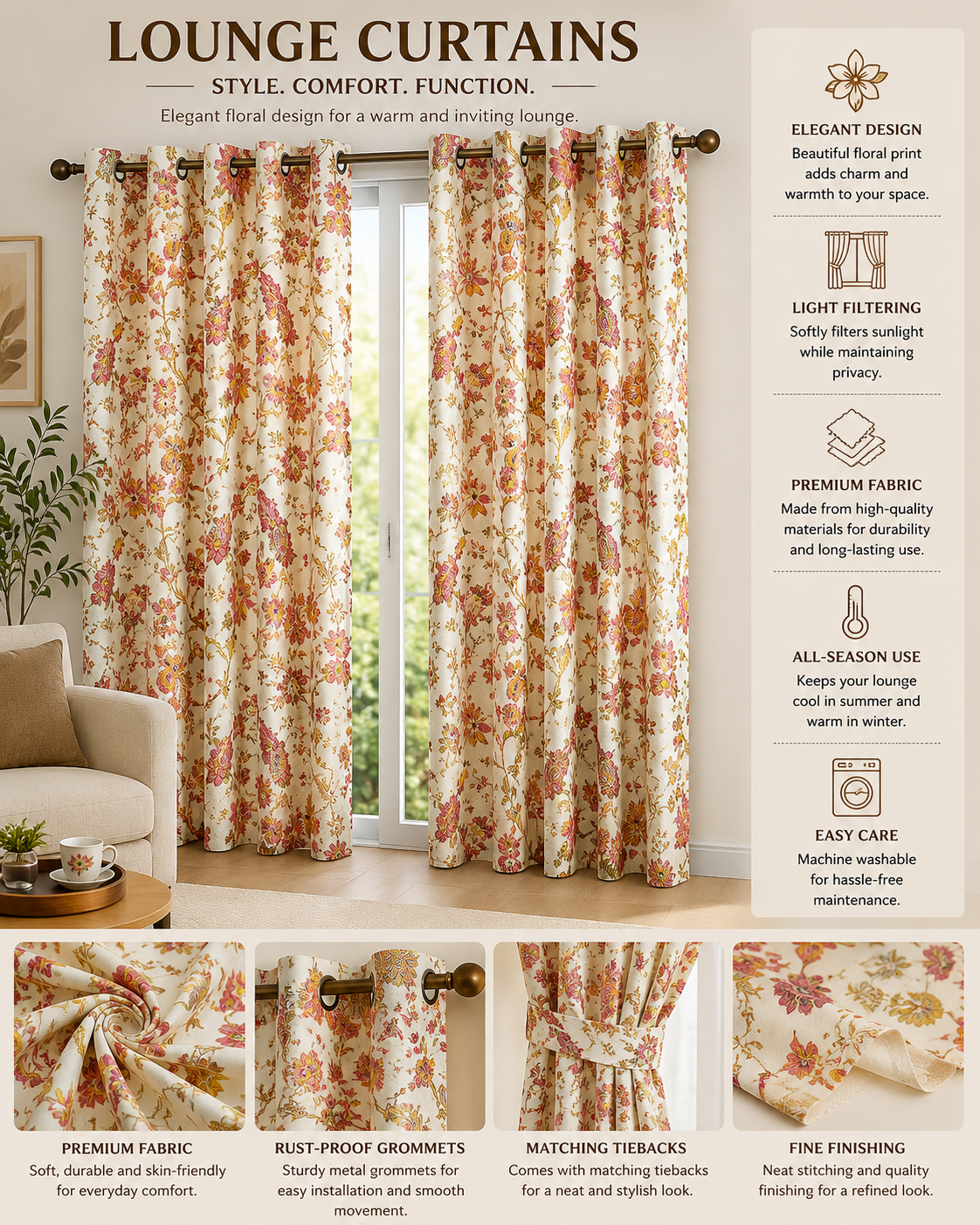 2 PCs Duck Curtains Panel With Lining-CRP021 Curtains Apricot