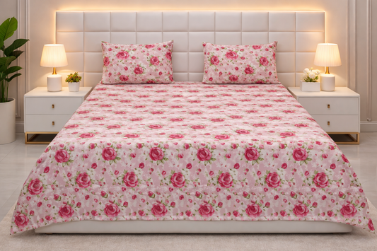 3 PCs Double Bed Sheet-Bold Flowers Bed Sheets Apricot