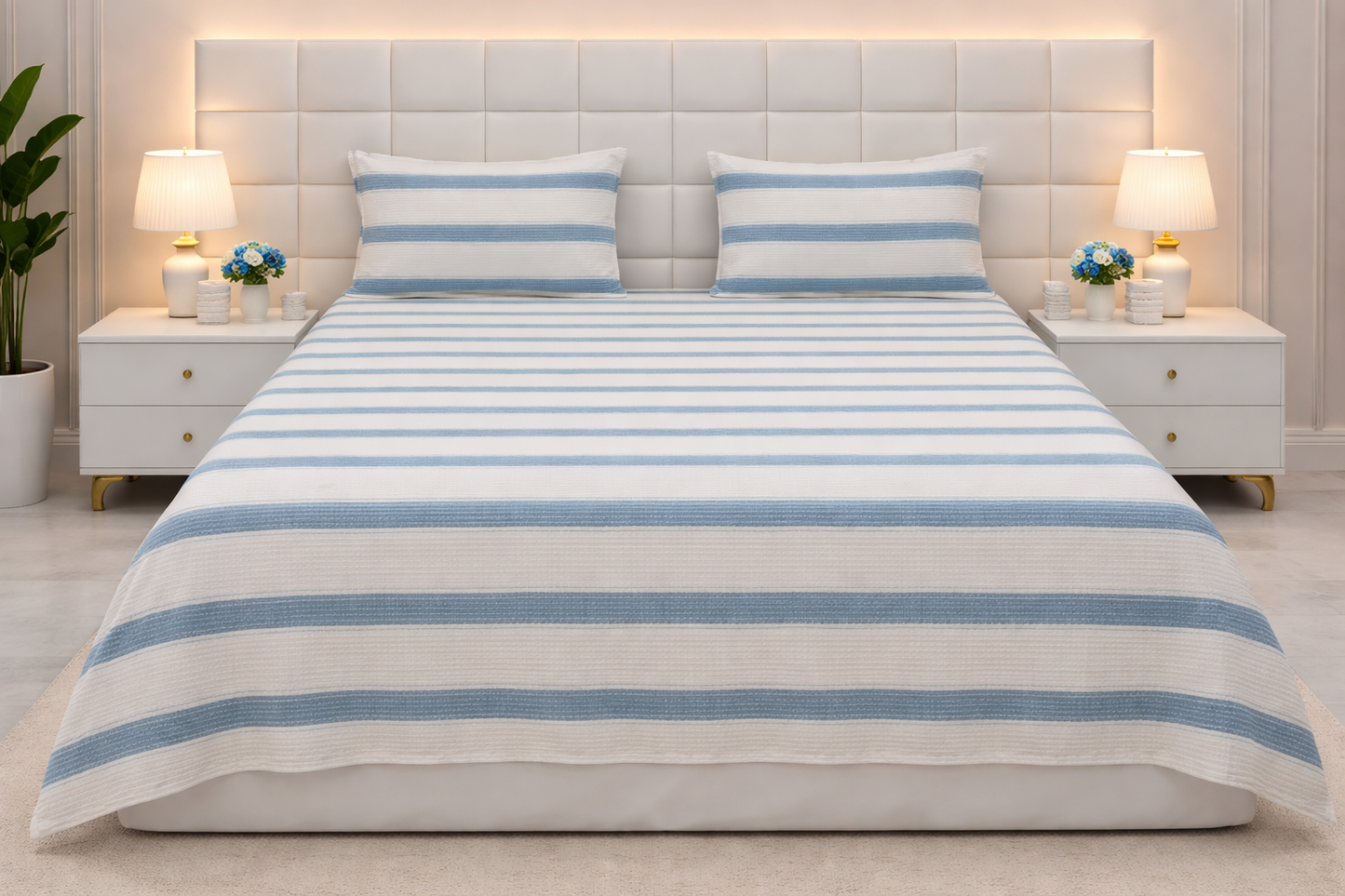 3 PCs Double Bed Sheet-Bold Stripes Bed Sheets Apricot