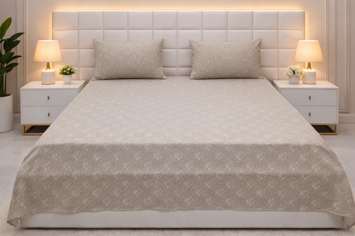 3 PCs Double Bed Sheet-Beige Flowers Bed Sheets Apricot