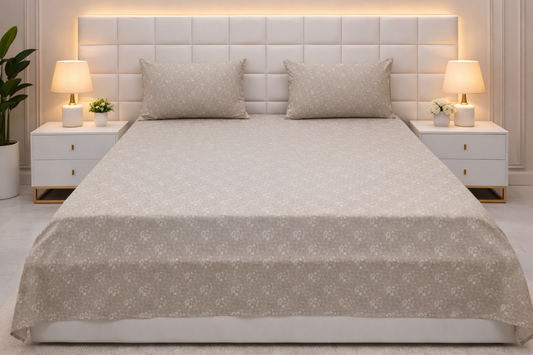 3 PCs Double Bed Sheet-Beige Flowers Bed Sheets Apricot