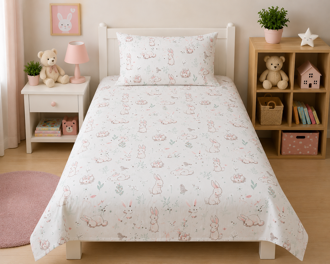 2Pcs Single Bed Sheet- Bunny single bed sheet Apricot