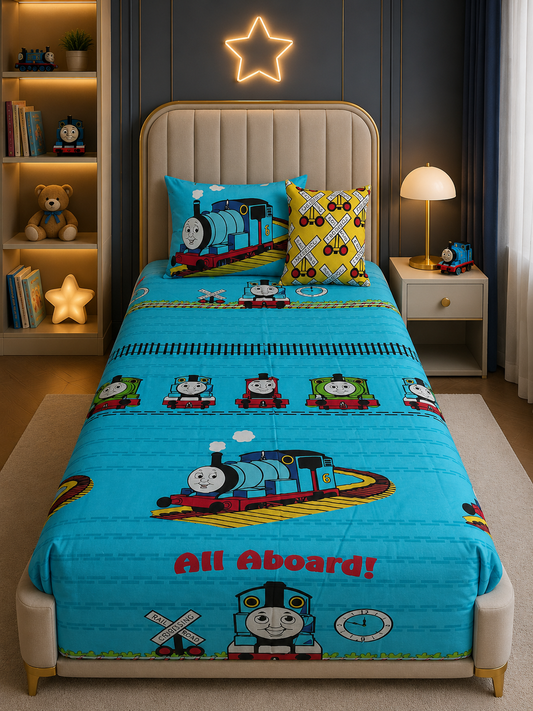 2Pcs Digital Printed Single Bed Sheet- Train single bed sheet Apricot