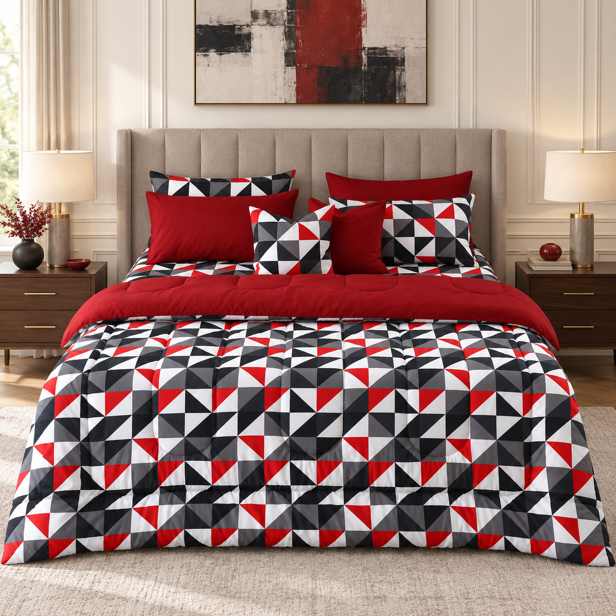 8 PCs Winter Razai Set-Abstract Geometric Comforters Apricot