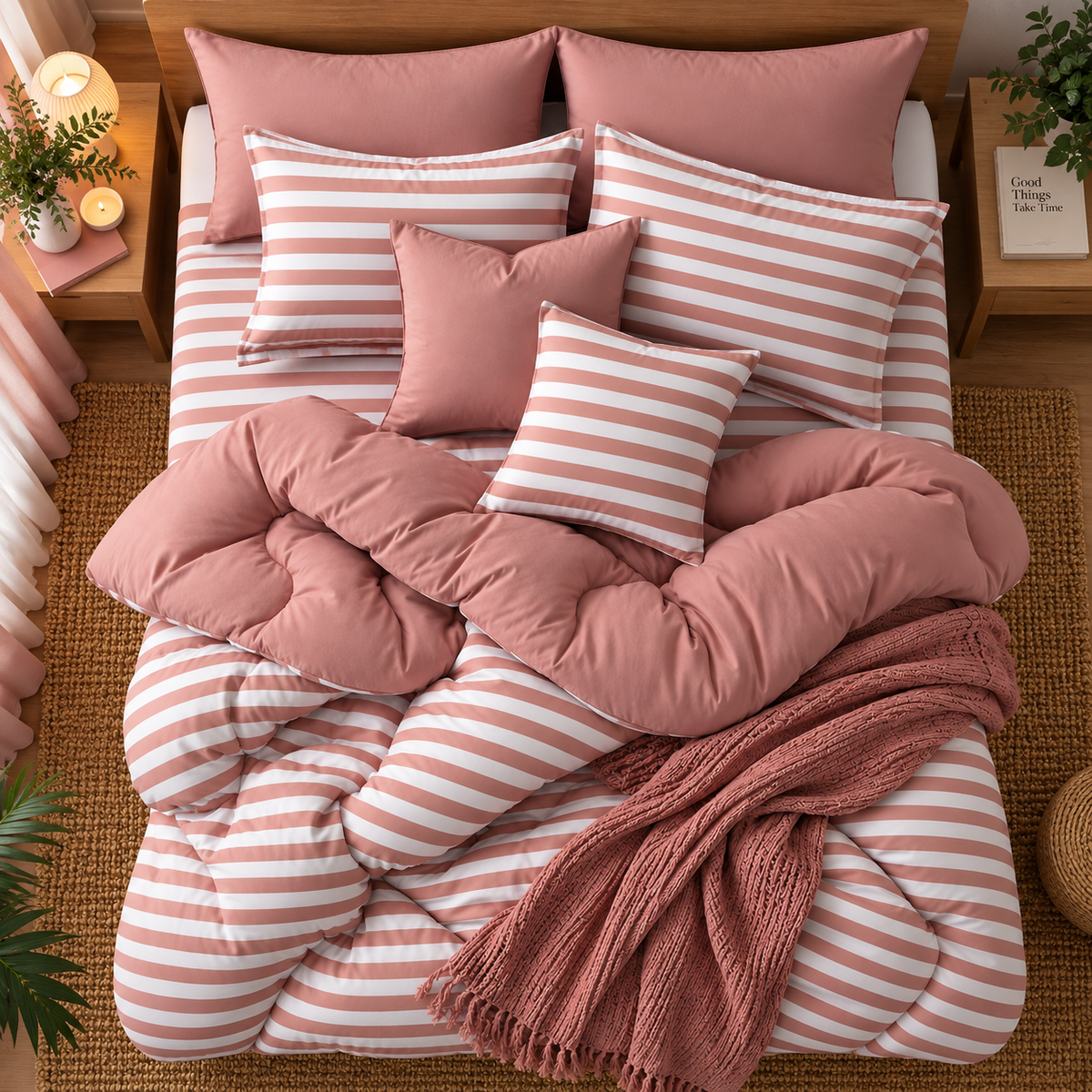 8 PCs Winter Razai Set- Rose Pink Stripes Comforters Apricot