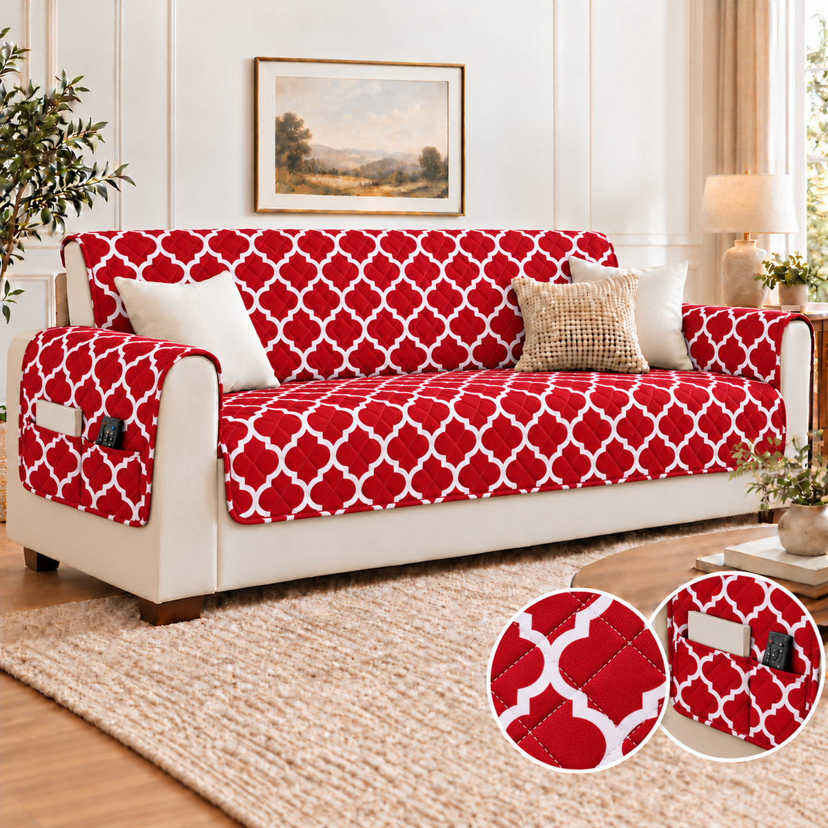 Ultrasonic Sofa Cover-Maroon Geometric With Pockets Sofa Cover Apricot