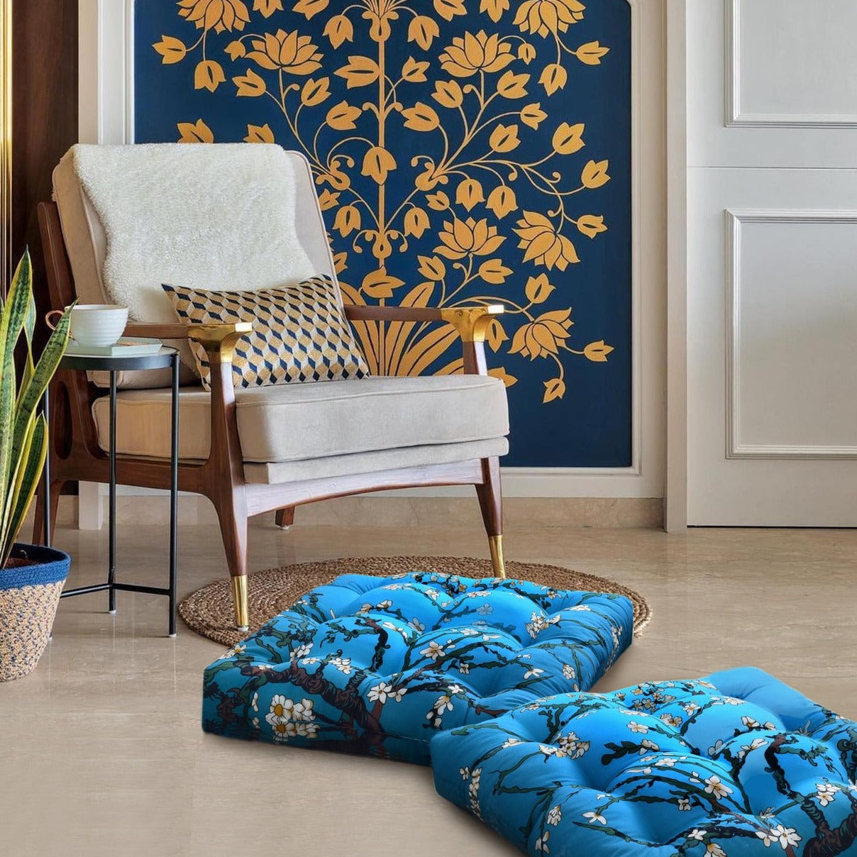 Digital Printed Square Floor Cushions- Roots cushions Apricot 2 PC