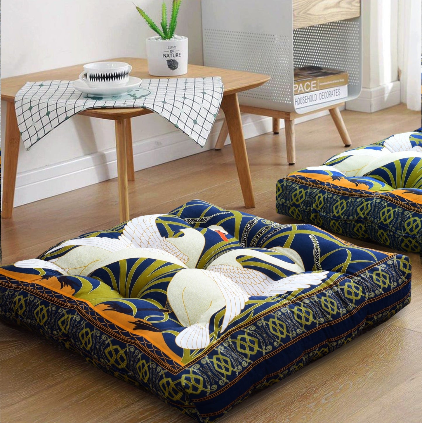 Digital Printed Square Floor Cushions-White Ducks Apricot