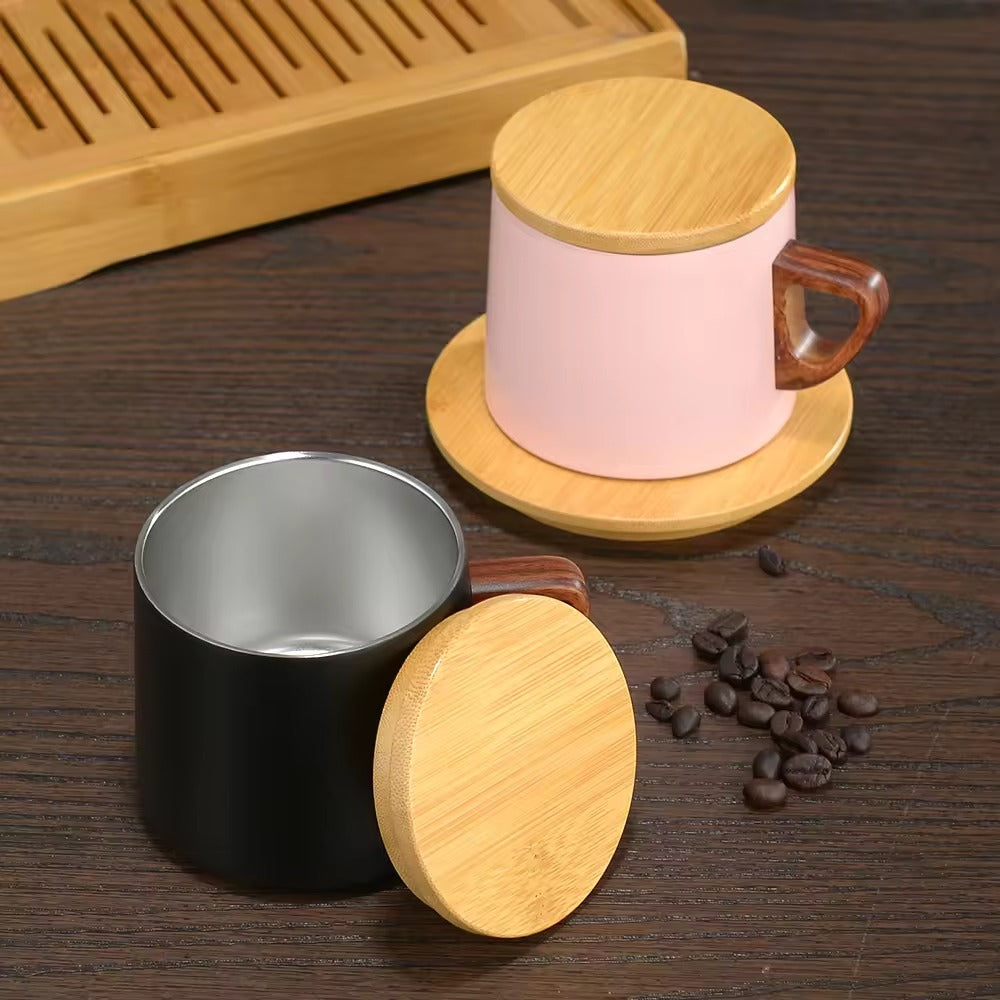 Vacuum Insulated Coffee Cup with Wooden Lid & Mat-Black Coffee Cup Apricot
