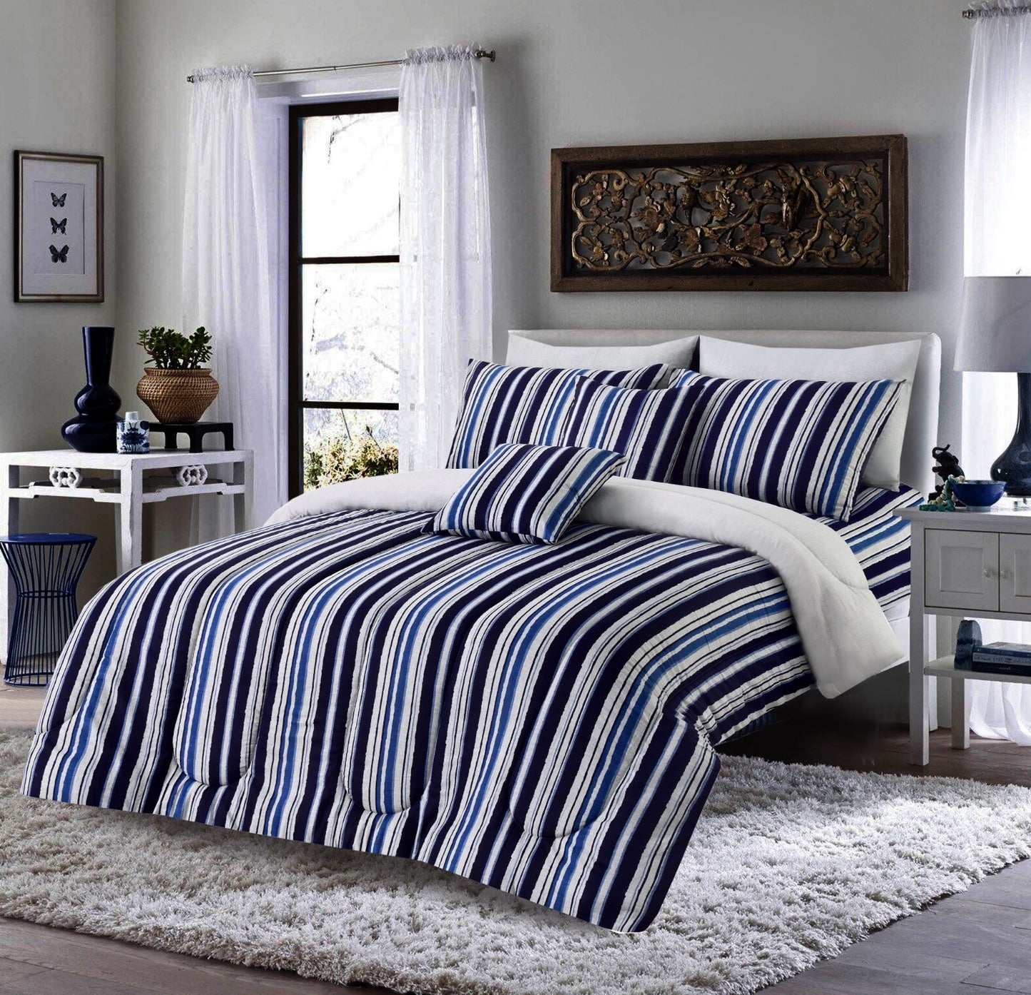Duvet Cover-Blue Bold Lines Bed Sheets Apricot