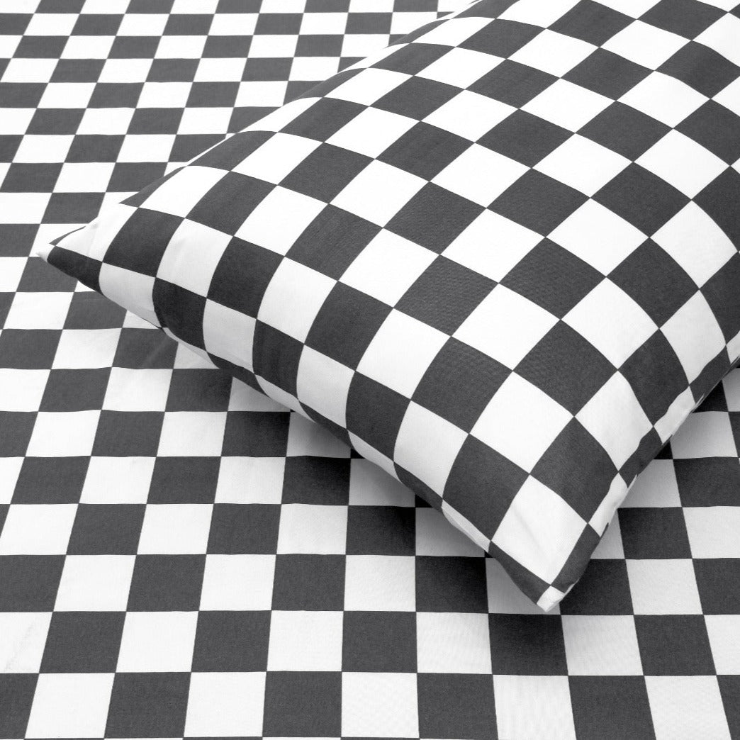 3 PCs Double Bed Sheet-Grey Chess Bed Sheets Apricot