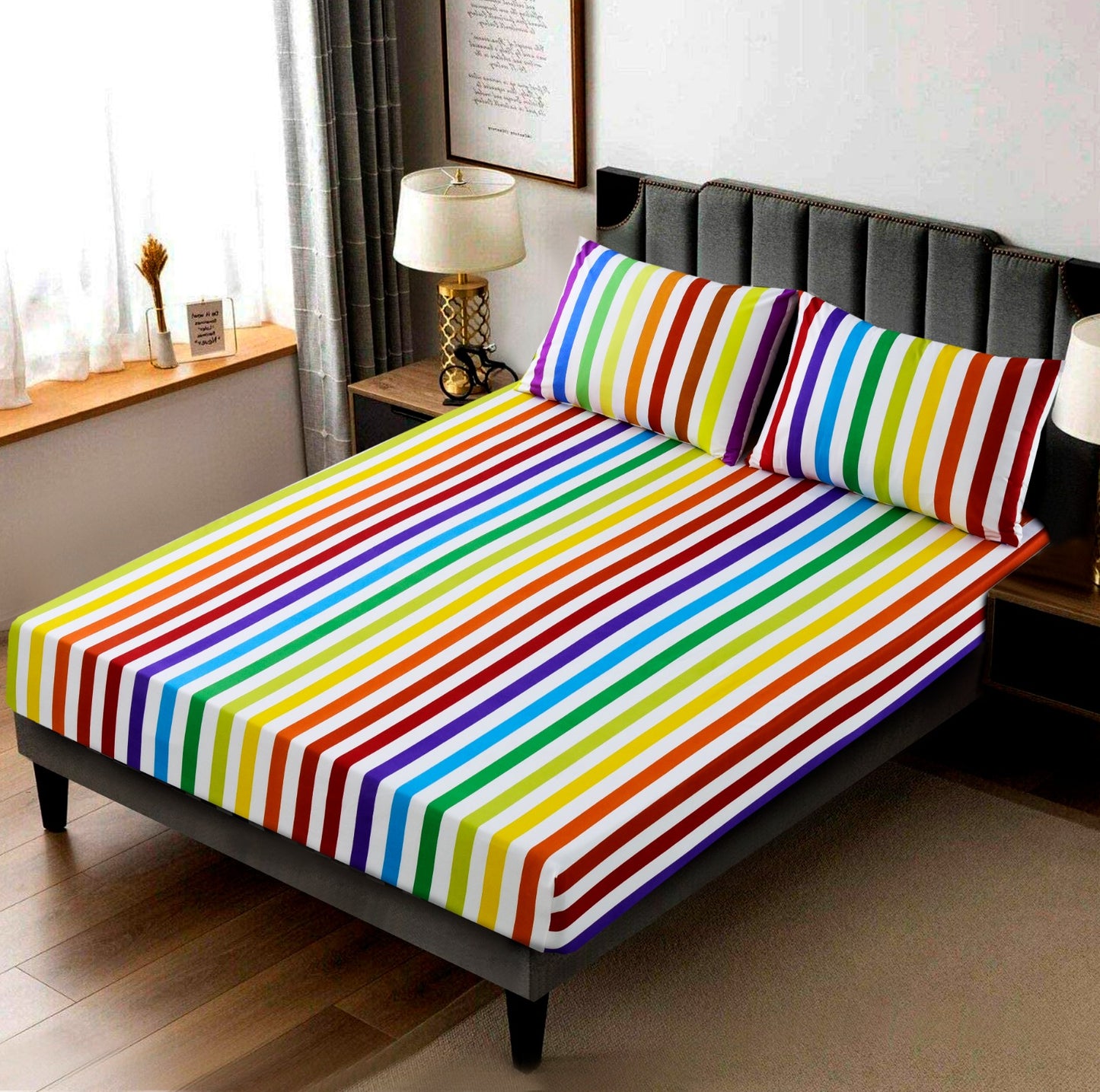 Fitted Bed Sheet-Multi Stripes Apricot